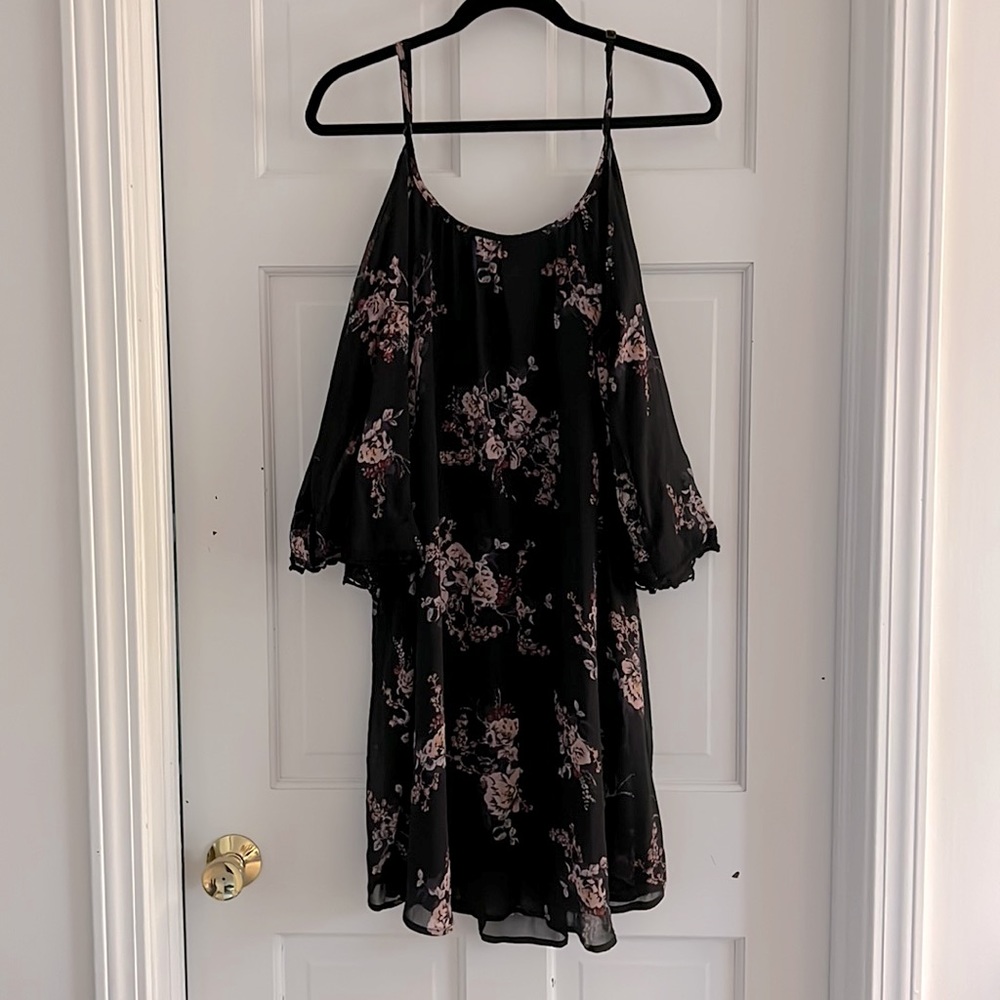 Black Floral dress with lace trim and 3/4 bell sleeves